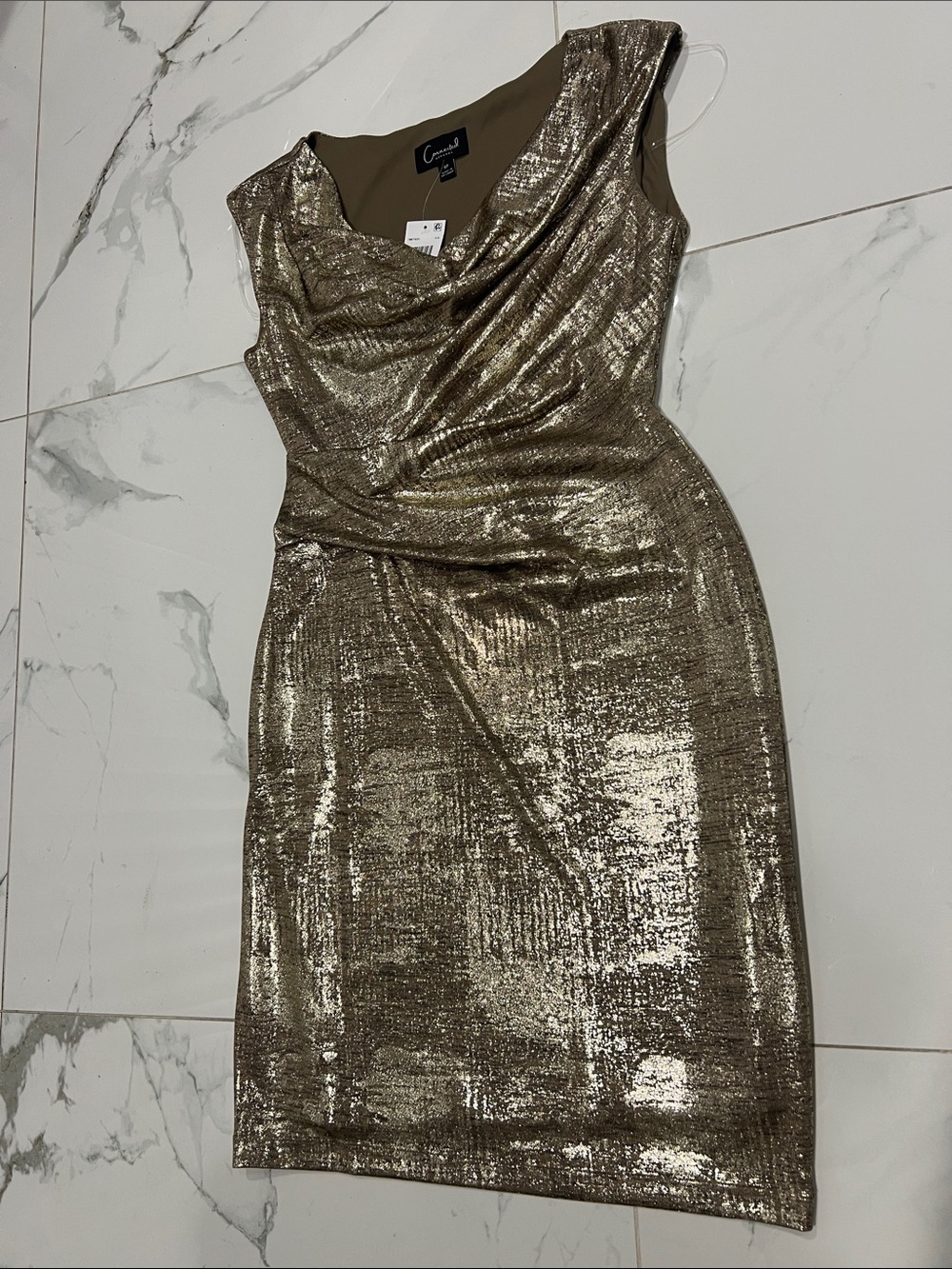 connected apparel Metallic Gold Cowl Neck Midi Dress